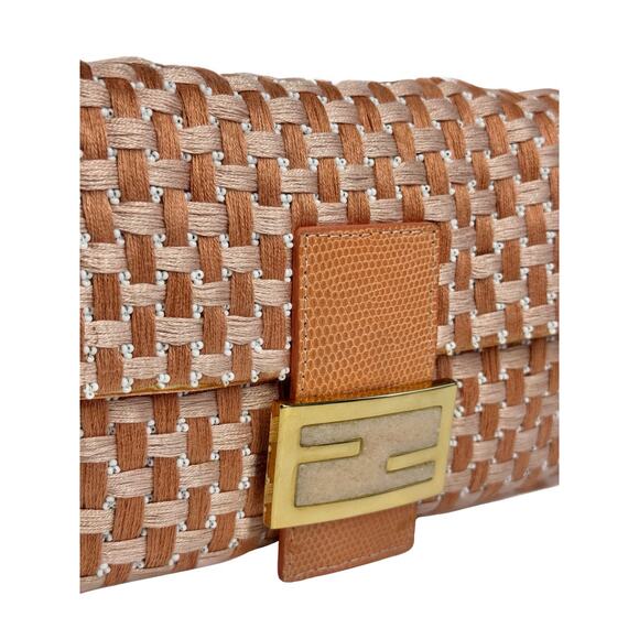 Fendi Vintage Peach Orange Woven Beaded Baguette w Quartz Logo & Crocodile Trim - Picture 5 of 8